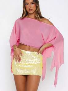Women Chiffon Poncho Tops Fashion Solid Color Off One Shoulder Loose Fit Summer Cover Up Shawl Blouse - 粉色 - 查看 4