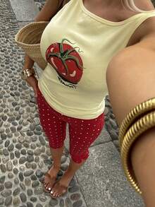 Women Y2k Polka Dot Printed Capris Cute Low Rise Stretchy Cropped Pants Side Bow Tie Skinny Capri Leggings Going Out - 紅色 - 查看 2