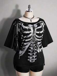 2026 Summer Collection,ICON Women's Plus Size Autumn/Winter Warm Retro Distressed Sexy Fashion Avant-Garde Bold Street Style Millennial Y2K Dark Gothic Punk Skull Rose Pattern Loose T-Shirt Gothic Summer Clothes Gothic Clothing For Women,Sizes 3–7XL, Free Shipping,  Within 24 Hours - 黑色 - 查看 1