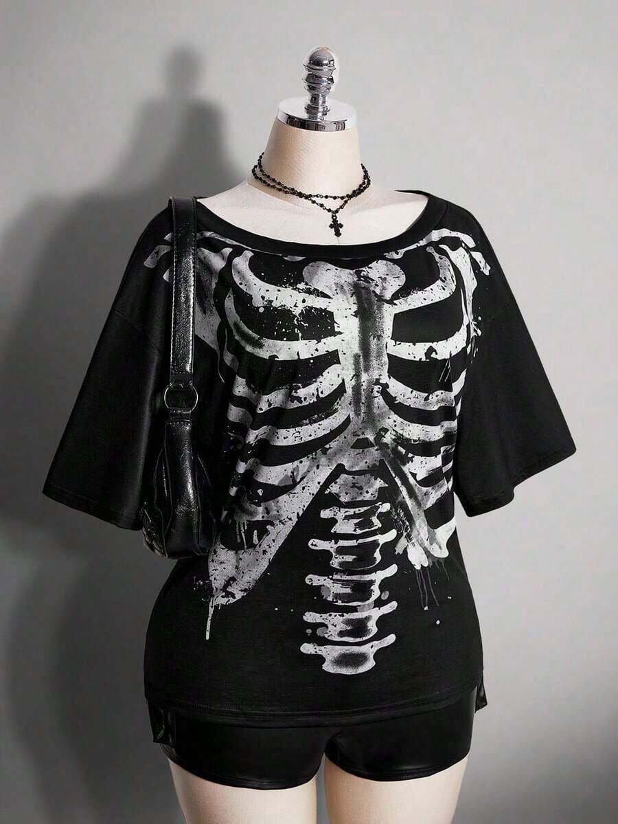 2026 Summer Collection,ICON Women's Plus Size Autumn/Winter Warm Retro Distressed Sexy Fashion Avant-Garde Bold Street Style Millennial Y2K Dark Gothic Punk Skull Rose Pattern Loose T-Shirt Gothic Summer Clothes Gothic Clothing For Women,Sizes 3–7XL, Free Shipping,  Within 24 Hours - 黑色 - 查看 1