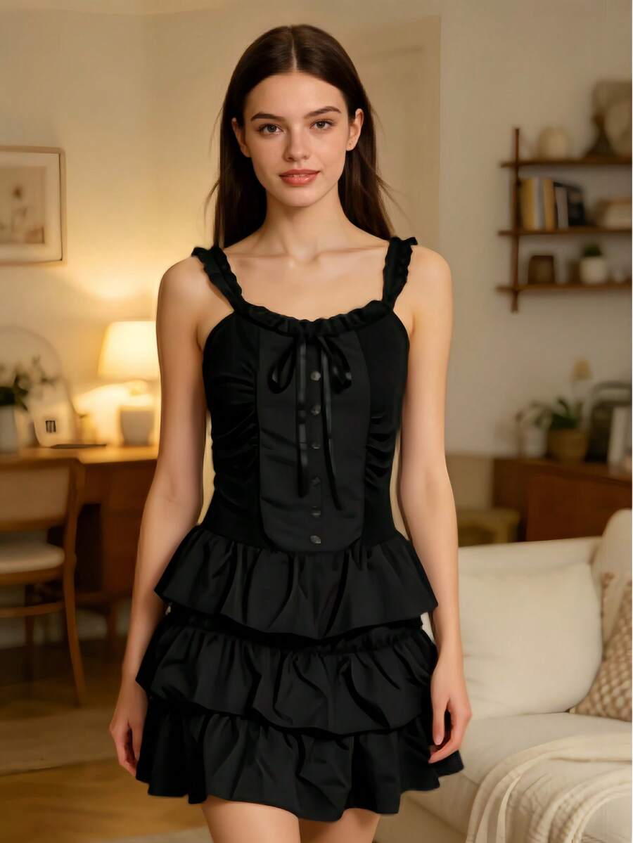 1pc Black Sweet & Cool Style Dress, New French Ballerina Strap Dress For Women Summer, Waist Cinching Ruffle Hem Mini Dress, Warm & Elegant French Retro Vibe, Spring/Summer Fitted Slimming High-End Princess Puff Dress, Suitable For Party, Game Theme, Ball, Photo Shoot, Romantic Dinner, Garden Date - Black - View 1