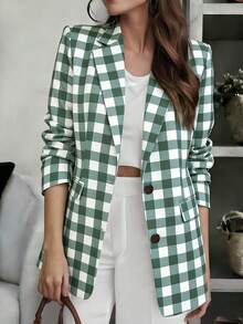 Áo blazer dài tay kẻ caro xanh lá cây dành cho nữ, được làm từ vải dệt, có cổ ve áo và túi, hoàn hảo cho những dịp thường ngày hoặc công sở vào mùa xuân và mùa thu. - màu xanh lá - Xem 1
