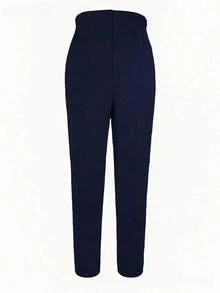Pantalones tobilleros ajustados de unicolor que estilizan la cintura para uso en la oficina en primavera - Azul marino - Ver 5