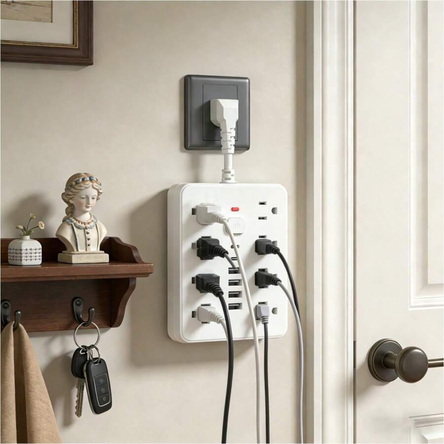 Toma de corriente compacta 14 en 1 con protección contra sobretensiones, 4 puertos USB y 2 puertos USB-C, montable en pared, ideal para uso doméstico y en la oficina - Blanco - Ver 1