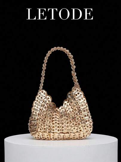 Shiny Retro Sequin Handmade Beaded Clutch Bag, Metallic Pouch Handbag For Women