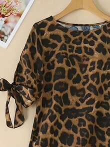 Women's Leopard Print Blouse With Crossover Front And Tie Sleeve Design - Semi-Sheer Round Neck Top, Machine Washable Regular Fit For Casual And Office Wear, Fashionable Streetwear Style, Lightweight Fabric Vacation Summer - Brown - View 3