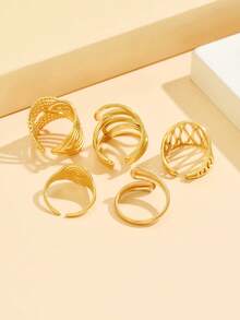 5pcs/Set Elegant Wide-Band Multi-Element Stainless Steel Rings, Versatile Hollow Geometric Asymmetrical Line Open Rings, 18K Gold Vacuum Plated, Waterproof, Fade-Resistant, Women Vacation Gift - Geometry - View 6