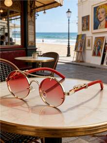 Gafas de moda de mujer con montura redonda de doble aro, con diseño de marco con relieve creativo y estampado de textura de madera, ideales para el uso diario y salidas casuales - Multicolor - Ver 8
