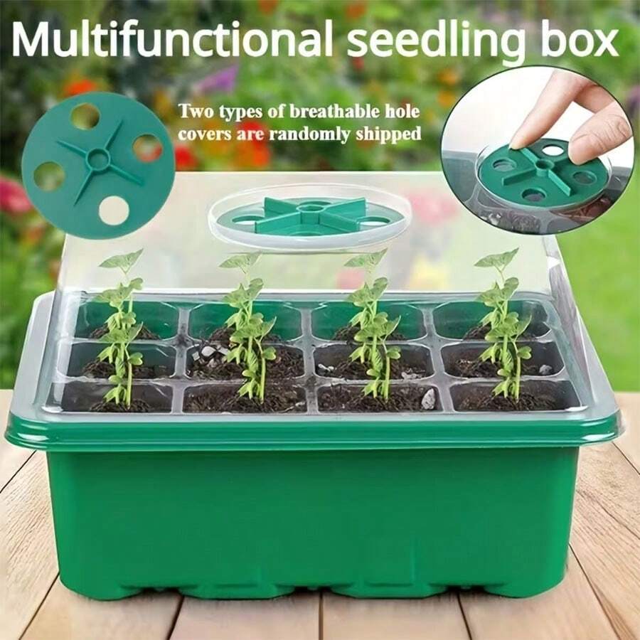 Bộ khay ươm cây nhiều ngăn (1/10 bộ), 4 món/bộ (1 nắp thông gió + 1 nắp trong suốt + 1 khay ươm + 1 đế), thiết kế dày dặn, điều chỉnh độ ẩm và thông gió, khay trong suốt thích hợp cho nhà kính và vườn, hộp ươm cây, thiết kế chịu nhiệt.