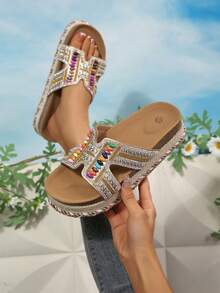 2026 Spring/Summer New Women's Sandals, Double Buckle, Rhinestone Fashion Thick-Sole Slippers, Random Floral Pattern, Essential For Vacation & Beach, Suitable For All-Day Wear - Gold - View 6