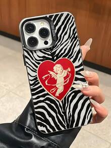 适用于 17/16/15/14/13/12/11 的时尚系列保护壳，防摔磨砂 TPU 材质，Y2K 斑马纹爱神风图案，复古红心天使印花，斑马条纹设计 - 彩色 - 查看 3