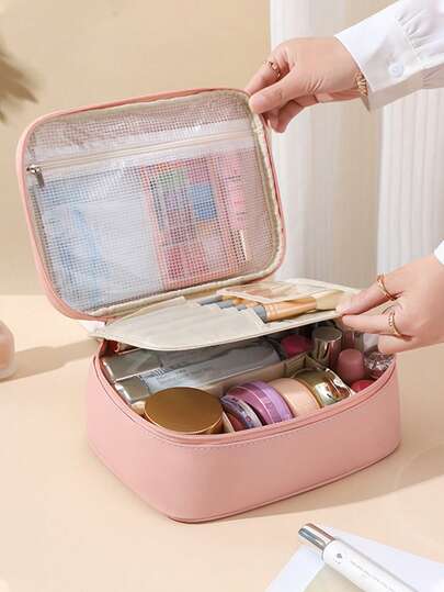 1pc Summer Travel Makeup Bag, PU Leather Cosmetic Bag, Large Capacity Storage Bag, Portable Waterproof Toiletry Organizer Bag, Multifunctional Cosmetic Storage Bag For Travel, Vacation, Beach, Bathroom, Easter Gift, Mother's Day Gift, Birthday Gift, Bridesmaid Gift, Gift For Her