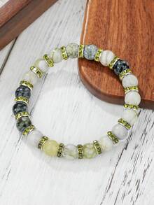 1 pieza Pulsera de cuentas de ágata verde con acentos de rhinestone, regalo de energía positiva y aliento para familiares y amigos - Multicolor - Ver 4