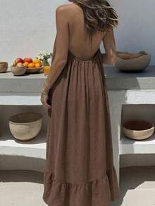 Women's Brown Spaghetti Strap V-Neck Loose A-Line Dress With Ruffle Hem, Vacation Beach Dress - Coffee - View 4