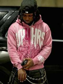 Winter And Spring Y2k Retro Letter Spider Web Digital Printing Personalized Design Sense Hip-Hop Hooded Jacket Hoodies For Men - Pink - View 2