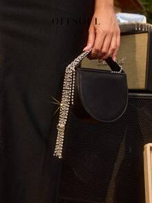 闪亮流苏水钻晚宴包，新款派对手拿包，多功能黑色铆钉马鞍包，配链条肩带，女士单肩斜挎包 - 黑色 - 查看 3