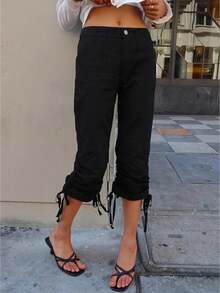 Black/Beige Low Rise Cargo Capri Pants, Y2k Drawstring Ruched Casual Cropped Pants, Vintage Streetwear Baggy Capris For Women - màu đen - Xem 1