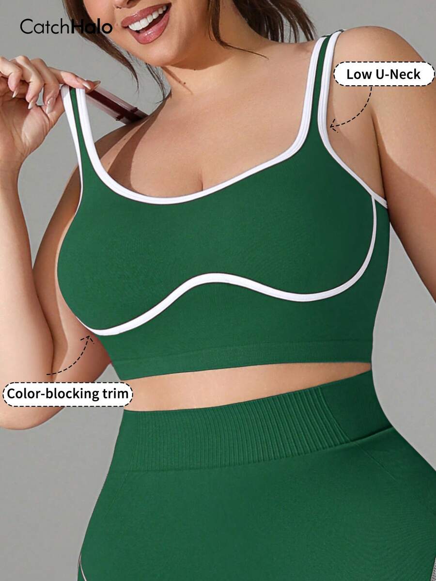 Plus Size Women Seamless Bra, Contrast Color Trim, Soft & Comfortable, Casual Daily Wear For Summer Sports
