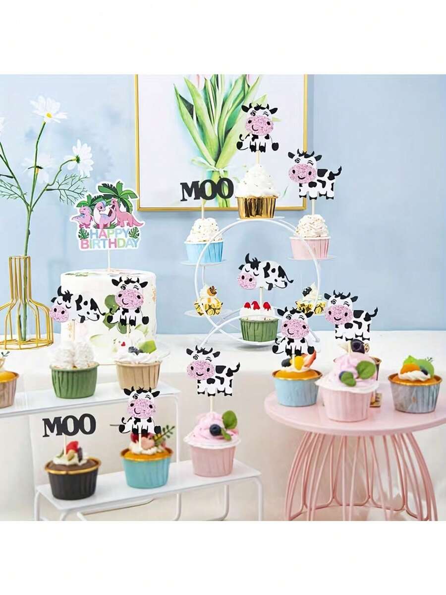 12pcs/Set Mini Cow Cake Toppers, Farm Cow Moo Cake Decorations, Islamic Eid Festival, Birthday Party, Baking Cupcake Picks - Multiple Styles - View 1