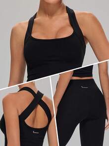 MASKERT Women's Sexy Backless Tank Top + High Waist Lifting Leggings Set, Suitable For Fitness, Running, Sports, Outdoor Activities - Black - View 3
