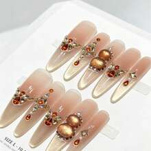 10Pcs Amber Rhinestone Cat Eye Press-On Nails, Long Coffin Gradient False Nails With 3D Gems, Reusable Luxury Manicure For Women Wedding Party Prom - Coral Pink - View 3
