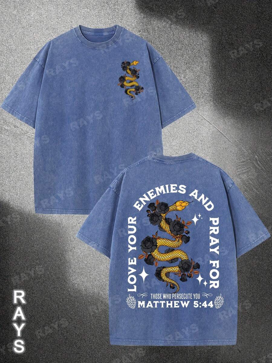 Summer Outfits For WomenMen's 230g Washed Cotton T-Shirt - Streetwear Graphic Tee With "Enemies & Pray" Back Print & Matthew 5:44 Scripture, 100% Cott - 寶藍色 - 查看 1