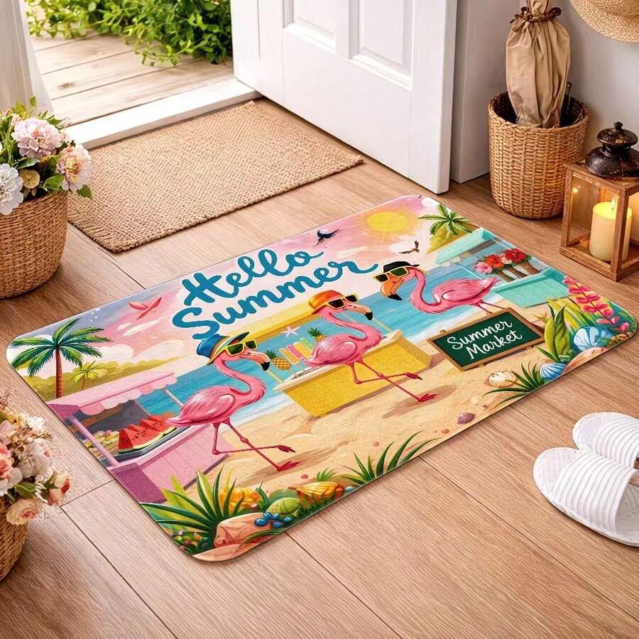 1pc Flamingo Beach Kitchen Rug, Kitchen Mat, Kitchen Carpet, Classic Plaid Doormat, Small Rug, Carpet, Runner Rug, Floor Mat, Home Decor, Area Rug, Outdoor Mat, Home Decor, Area Carpet, Bedroom Rug, Washable Carpet