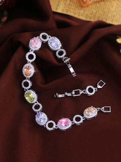 1pc Multi-Color Oval & Round Cubic Zirconia Luxury Gorgeous Holiday Party Bracelet For Women, Silver Plated Jewelry