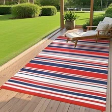 Striped Outdoor Area Rug, Waterproof Outdoor Rug,Reversible Outdoor Rugs, Patio Plastic UV Resistant Garden Rug, Plastic Straw Rug With Portable Bag For Front Door, Kitchen, Entryway, Patio, Porch - Rojo brillante/azul oscuro/blanco - 274 x 549 cm (9 x 18 pies) - Ver 8
