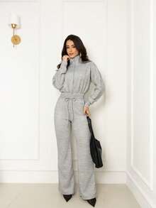 Women's Cold Weather Set: Pants And Top In Rib Knit Fabric. - Xám - Xem 2