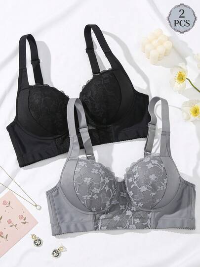 2pcs Lace Women's Bras, Lace Patchwork With Underwire Supportive & Comfortable Daily Wear Bra