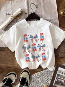 [Independence Day] Tween Girl One-Piece Printed Pullover Short-Sleeve T-Shirt, Student And Young Children's Wear, Summer Gift For Kids - 白色 - 查看 3
