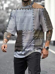 男士加大码复古拼接牛仔印花T恤，100%涤纶棉质弹力面料，休闲街头风短袖T恤，透气舒适，适合日常穿着、度假、派对、户外活动 - 彩色 - 查看 1