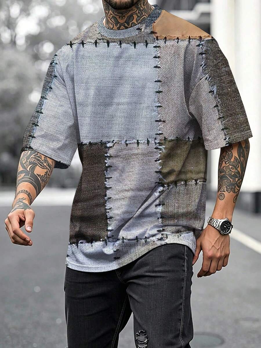 男士加大码复古拼接牛仔印花T恤，100%涤纶棉质弹力面料，休闲街头风短袖T恤，透气舒适，适合日常穿着、度假、派对、户外活动 - 彩色 - 查看 1