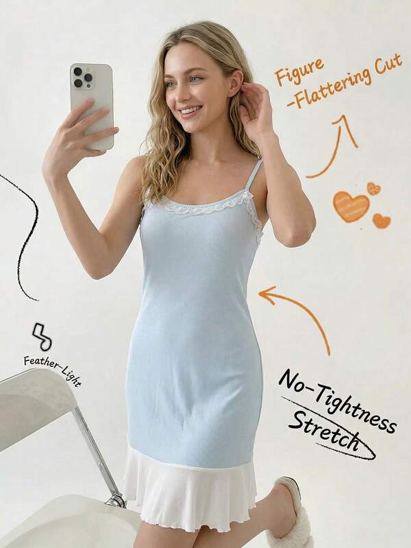 Women's Summer Dress, Fashionable Solid Color, Ultra-Thin Ribbed, Sweet Lace Patchwork, Sexy Fitted Skirt, Elegant White Lace Strap Dress, Comfortable Sleepwear