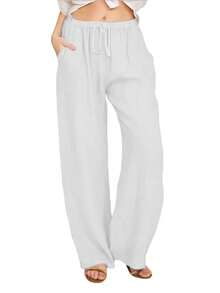 Women Cotton Linen Pants Summer And Autumn Solid High Waist Wide-Leg Trousers Female Loose Hemp Casual Breathable Sports Pants - 黑色 - 查看 10