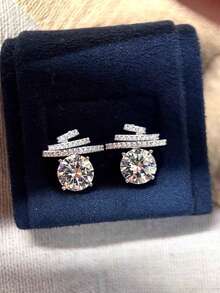 一对法式简约优雅奢华几何玻璃镶嵌独特设计耳环，适合女士日常休闲派对佩戴 - 銀色 - 查看 3