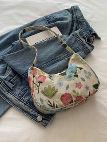 时尚百搭纯色新款印花单肩包，休闲简约法棍小方包，女士 - 米色 - 查看 10