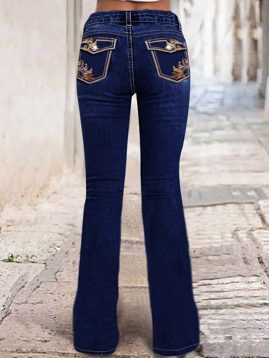 Dark Blue Washed High-Waisted Flared Jeans With Retro Embroidered Floral Details At The Hem. Slimming And Hip-Lifting Western-Style Casual Trousers. - 藍色 - 查看 1