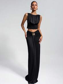 女士黑色优雅船领两件套 - 无袖褶裥上衣，高腰半裙，简约春夏装扮，适合婚礼宾客、海滩度假、浪漫约会、夏季假期、节日庆典及休闲外出等场合。 - 黑色 - 查看 3