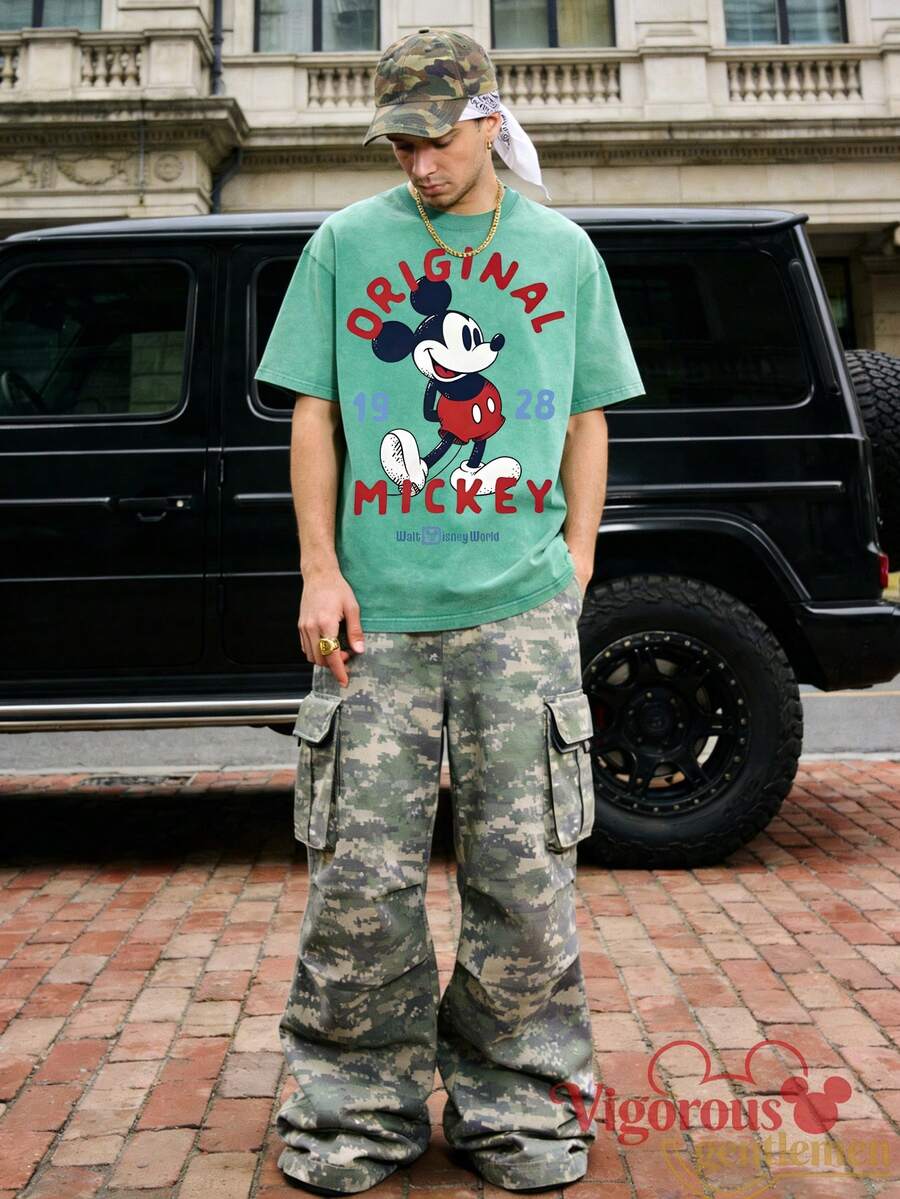 Summer Travel Short Sleeve T-Shirt, Disney ORIGINAL MICKEY Retro Print Casual T-Shirt, Unisex Short Sleeve - Màu xanh Bạc hà - Xem 1