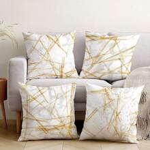 4pcs Minimalist Abstract Geometric Platinum Line Decorative Pillow Case Set, Single-Sided Printed Peach Velvet Polyester, 45*45CM/18*18inch Cushion Cover Suitable For Room Decor, Modern Minimalist Sofa Living Room Decor, Gift, Party Decoration - Multicolor - View 3