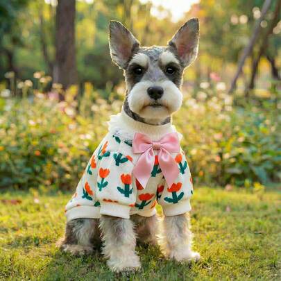 PETCIRCLE 1 bộ quần áo cho thú cưng, trang phục ngoài trời/trong nhà cho chó/mèo, áo len dệt kim họa tiết hoa tulip thoải mái cho chó nhỏ/chó con - Màu trắng