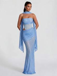 Đầm maxi dự tiệc không tay lấp lánh với các mảng vải lưới và sequin, đầm dạ hội co giãn dành cho nữ. - Màu xanh lam - Xem 1