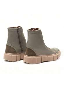 Comfortable Tractor-Sole Boot In Genuine Leather For Winter - Mid-Calf - 橄欖綠 - 查看 3