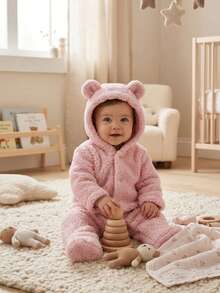 Fleece  With Ears, Winter, Cold Weather, Long Sleeves, Baby Boy, Baby Girl, Newborn To 12 Months, Hooded, Cute, Stylish, Comfortable, Warm - 淺粉色 - 查看 3