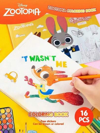 Disney 1本迪士尼官方授权《疯狂动物城》朱迪·尼克卡通素描本，包含涂色描摹、绘画等元素，学生文具，教育类节日礼物，趣味创意纸，16页描摹线，附赠贴纸，适合绘画、圣诞节、生日、返校季等场合，通用礼物。