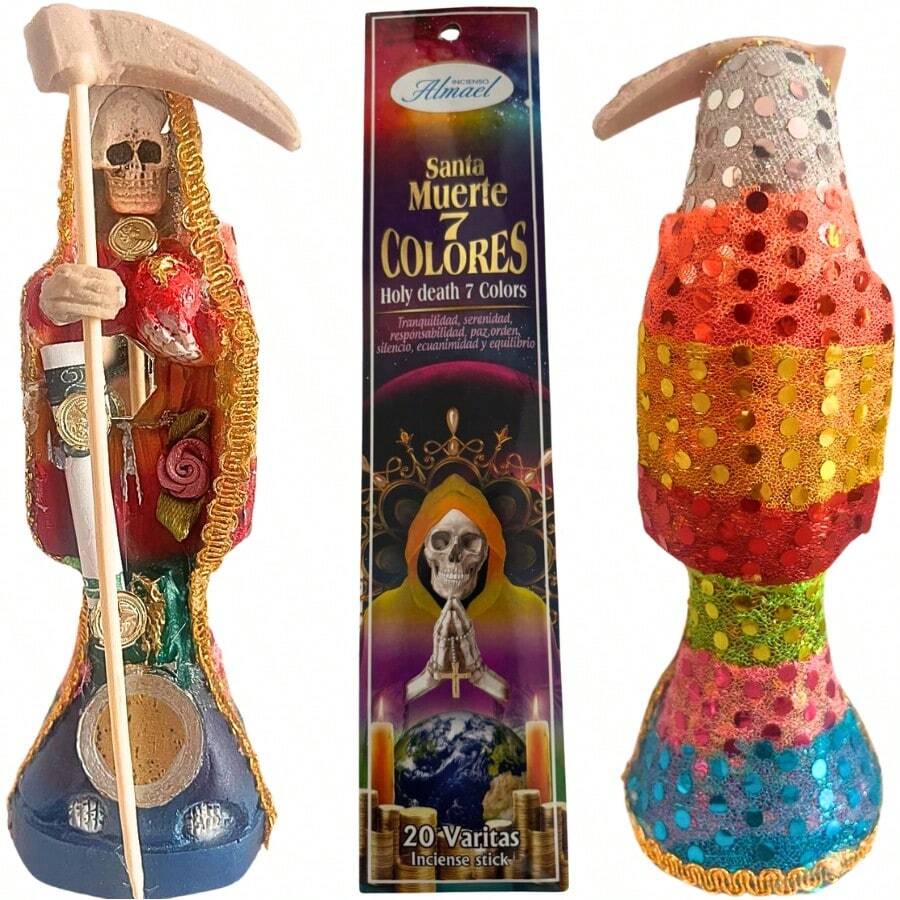 Santa Muerte 7 Colores 15 cm + Incienso Santa Muerte 7 Colores – Amor, Protección, Apertura de Caminos y Equilibrio Espiritual - 1PC - Ver 1