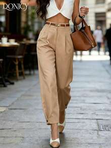 DONICY Women's Solid Cream Wide-Leg Pants, Elegant Textured Pleated Trousers For Office & Casual Wear, Spring/Summer - Khaki - View 6