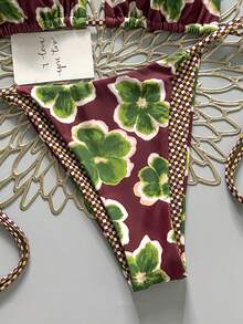 2pcs Retro Floral Colorblock Plaid Print Bikini Swimwear, Suitable For Beach, Pool, Cruise, Party In Spring & Summer Vacation - Wine Red Base With Green Flowers - View 5